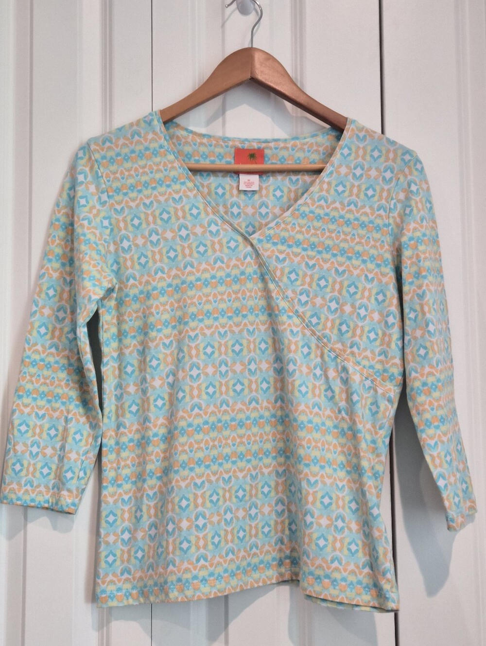 Hearts of Palm Geometric Faux Wrap Top Size M Blue Orange White 3/4 Sleeve